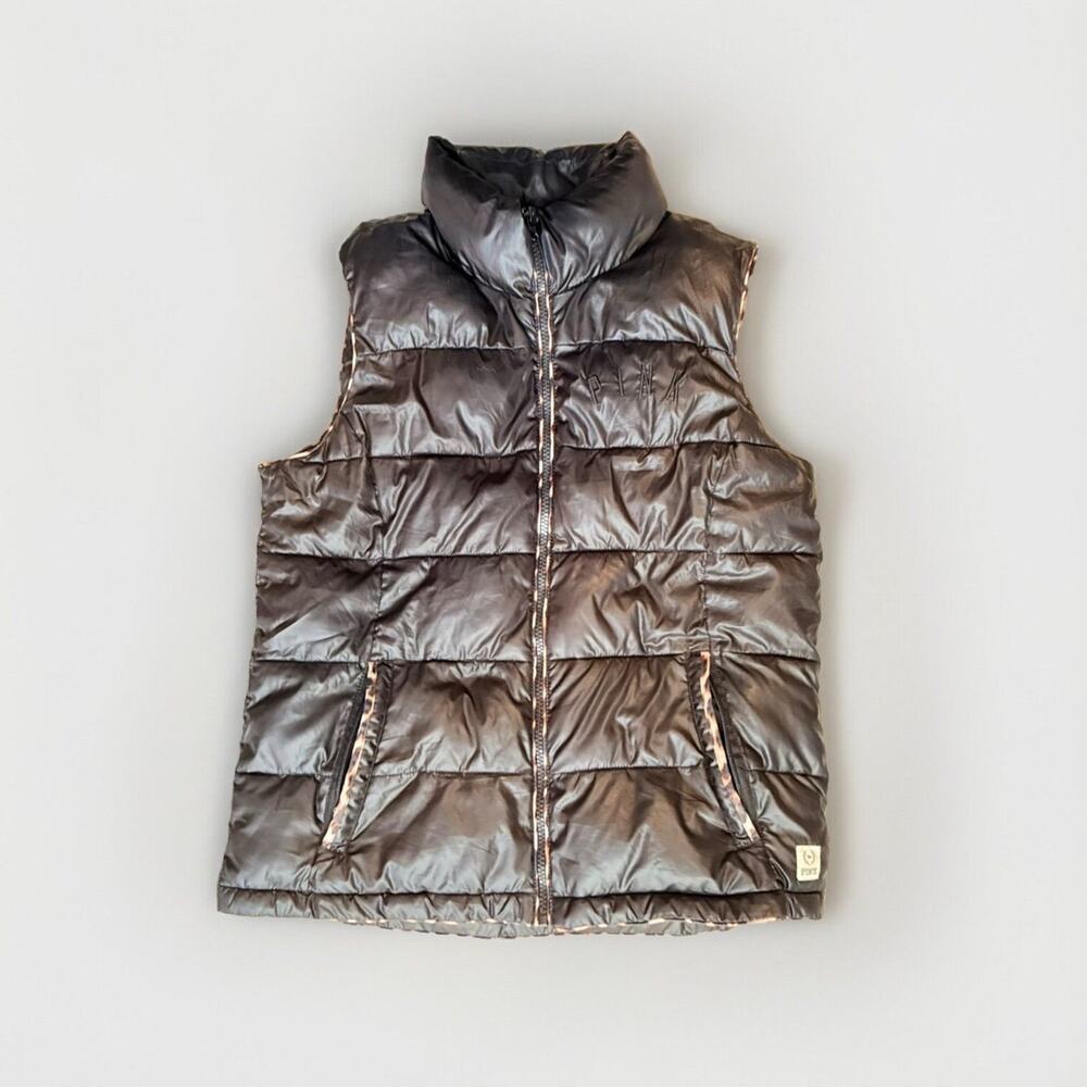 PUFFER VEST VICTORIA’S SECRET PINK- black zip up Leopard animal print outerwear